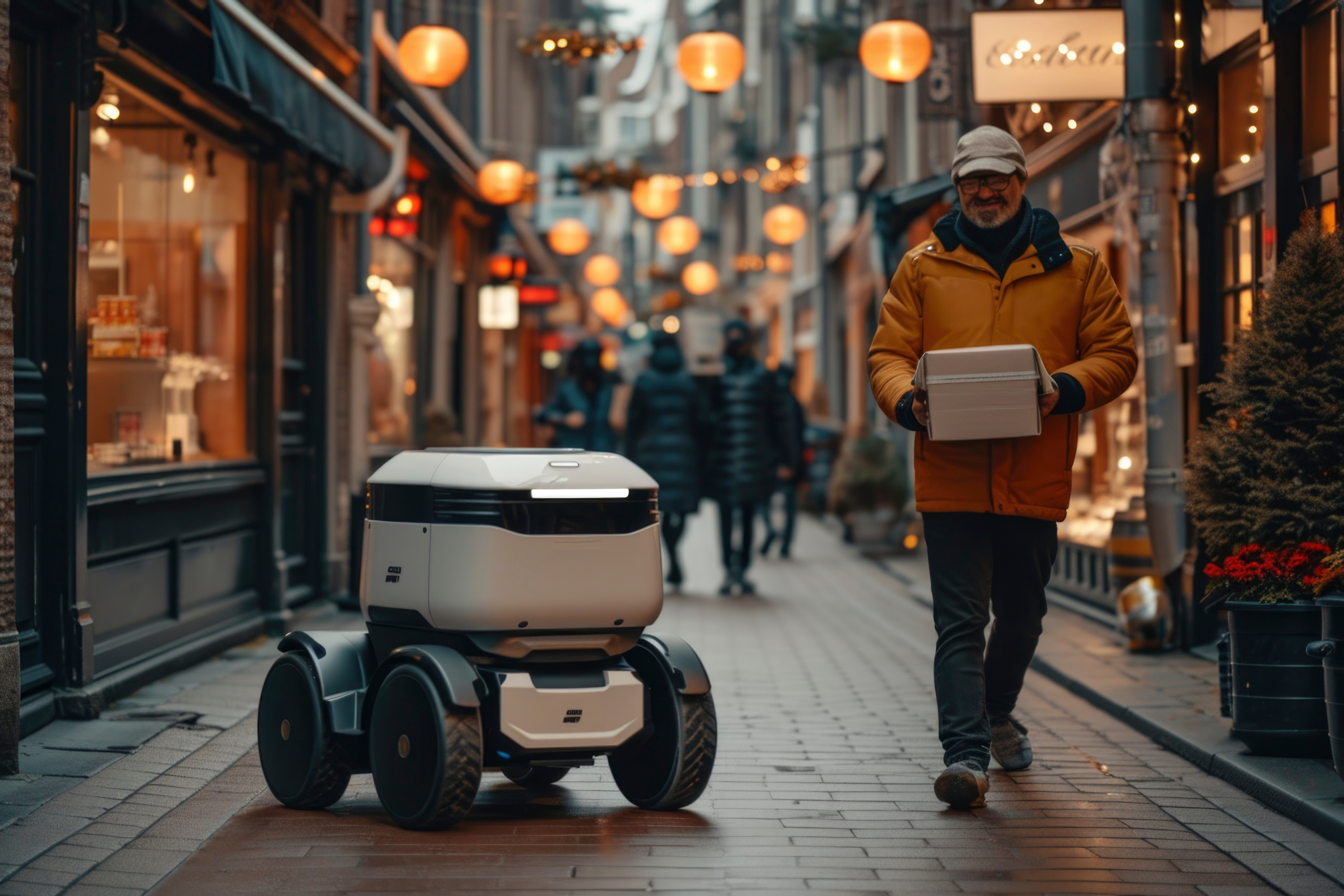 Droide delivery junto a una persona con una encomienda